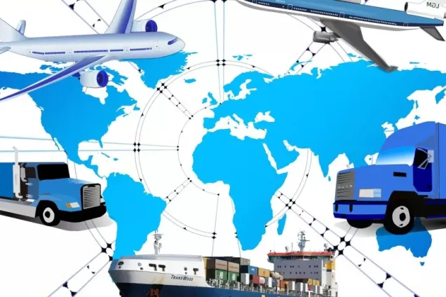 Världskarta med bilder av en båt, lastbil och bil.